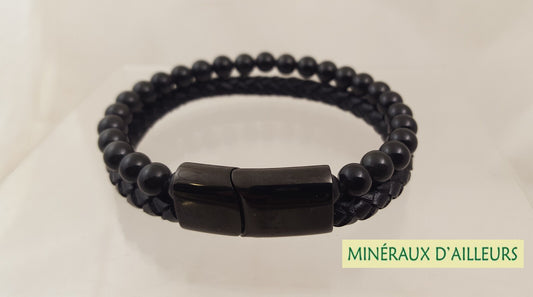 Bracelet Double Cuir - Obsidienne Noire