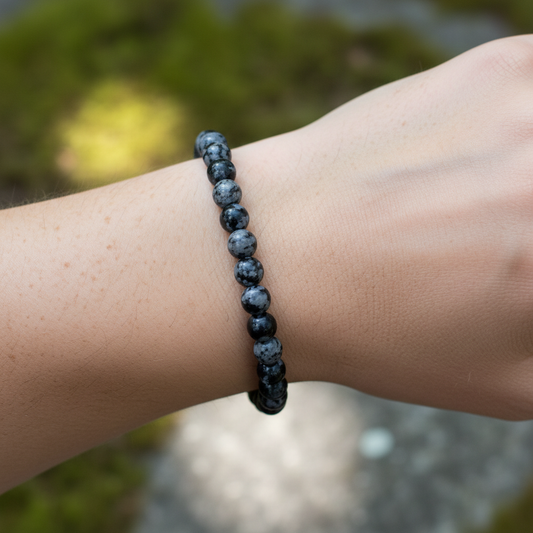 Bracelet en perles - Obsidienne Flocon de Neige / Mouchetée (6 mm)