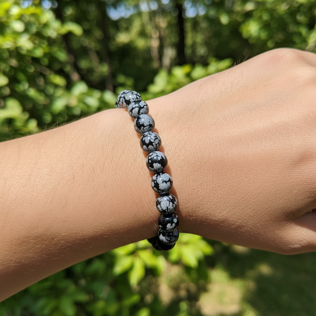 Bracelet en perles - Obsidienne Flocon de Neige / Mouchetée (8 mm)