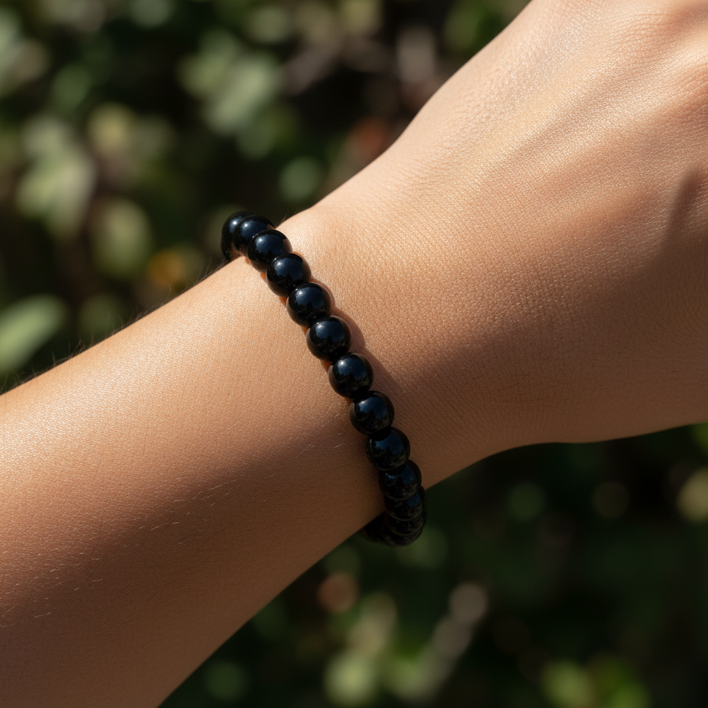 Bracelet en perles Simple Cuir - Obsidienne Noire