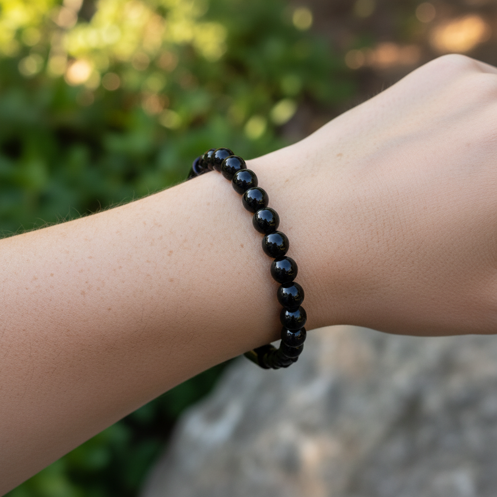 Bracelet en perles Simple Cuir - Tourmaline Noire