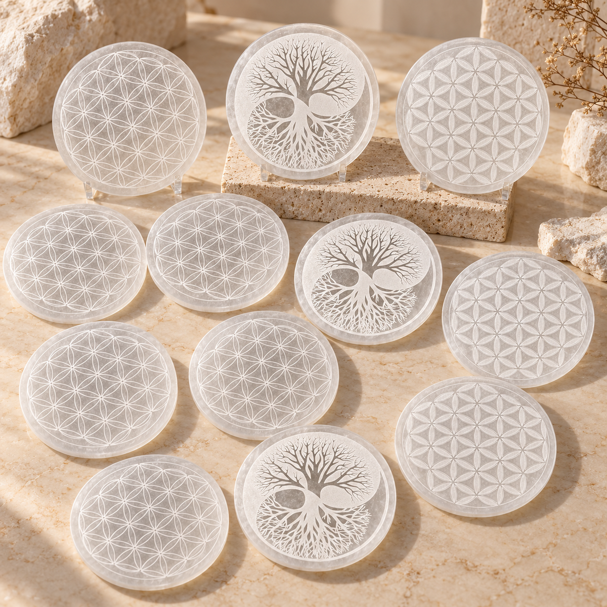 Pack Déco Best-Sellers – 15 plaques sélénite 10 cm