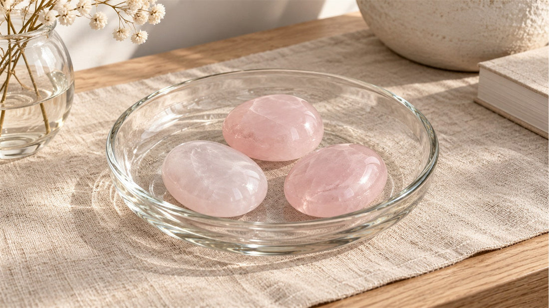 Associer des pierres roses à du lin naturel et à du verre transparent