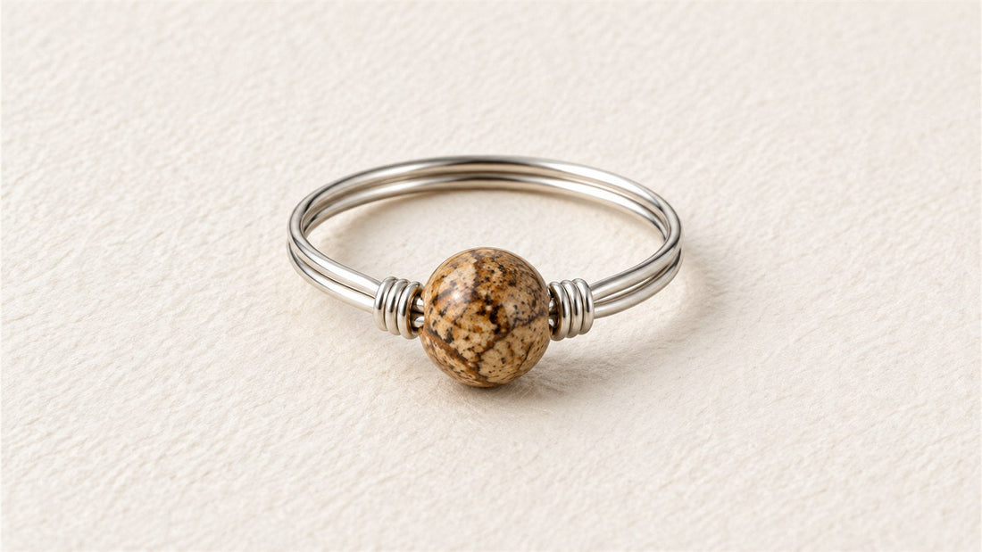 Bague double anneau en fil argenté : jaspe paysage