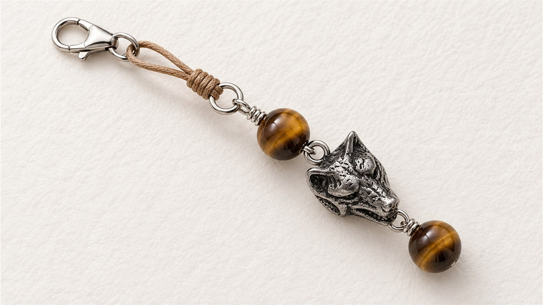 Bijou de fermeture éclair tête de loup et cordon perlé : apprêt acier inoxydable tête de loup et œil de tigre