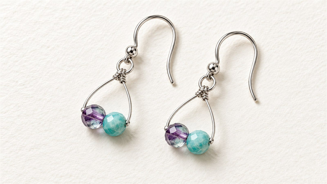 Boucles d’oreilles duos sur fil courbé : fluorite facettée et amazonite facettée
