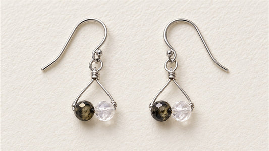 Boucles d’oreilles duos sur fil courbé : obsidienne dorée facettée et cristal de roche facetté