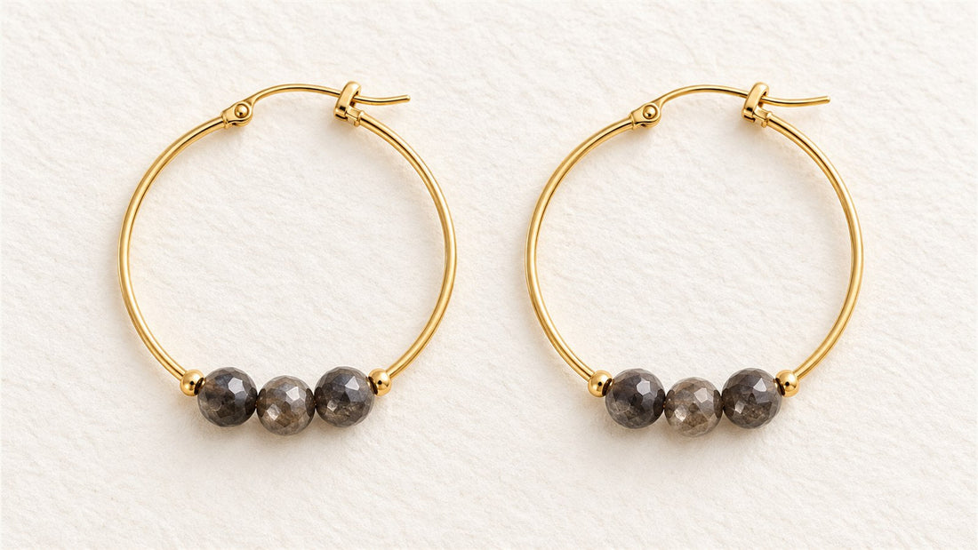 Boucles d’oreilles trios sur créoles : obsidienne argentée facettée