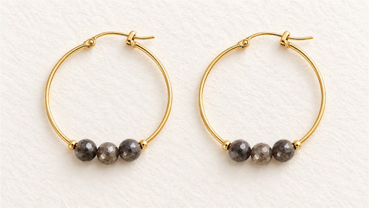 Boucles d’oreilles trios sur créoles : obsidienne argentée facettée