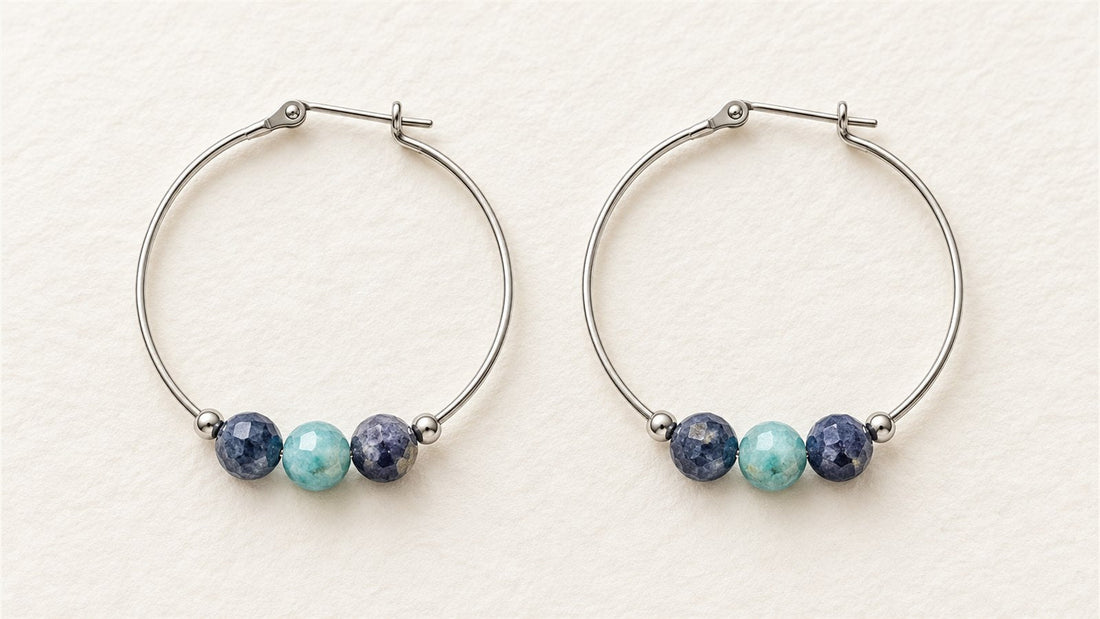 Boucles d’oreilles trios sur créoles : saphir facetté et amazonite facettée