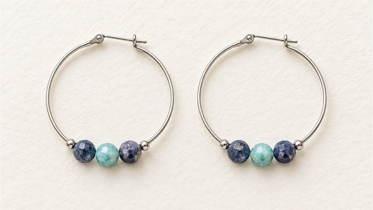 Boucles d’oreilles trios sur créoles : saphir facetté et amazonite facettée