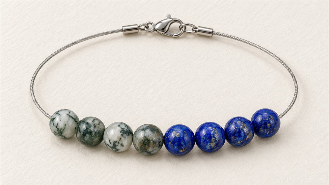 Bracelet câble souple et huit perles : agate arbre et lapis-lazuli extra