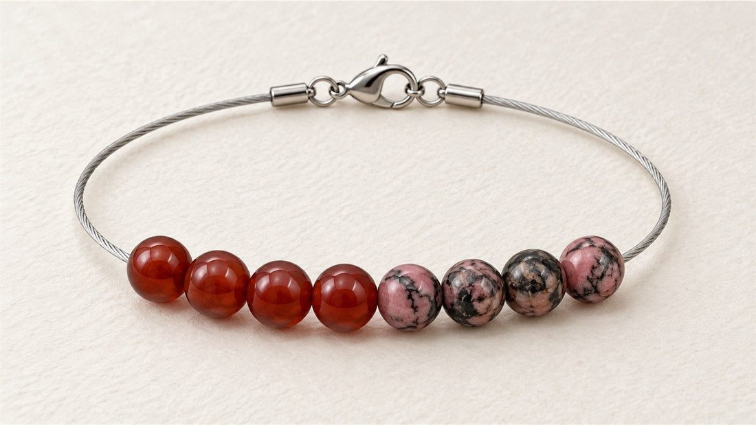 Bracelet câble souple et huit perles : cornaline et rhodonite