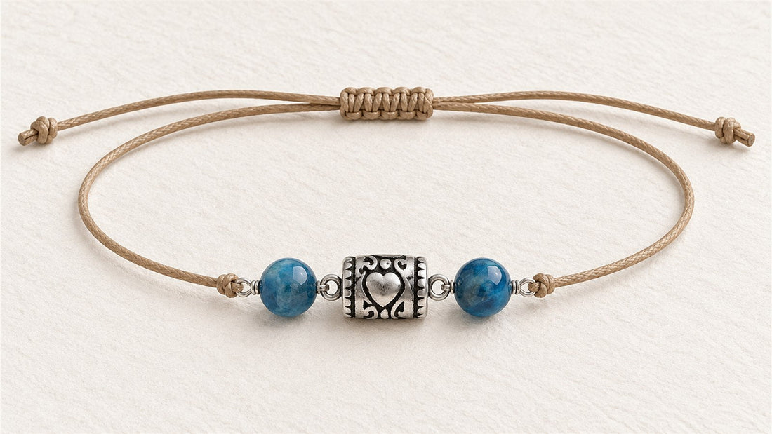 Bracelet de cheville cœur et deux pierres : apprêt acier inoxydable cœur fantaisie et apatite bleue