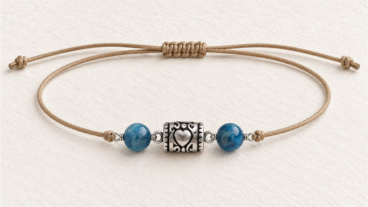 Bracelet de cheville cœur et deux pierres : apprêt acier inoxydable cœur fantaisie et apatite bleue