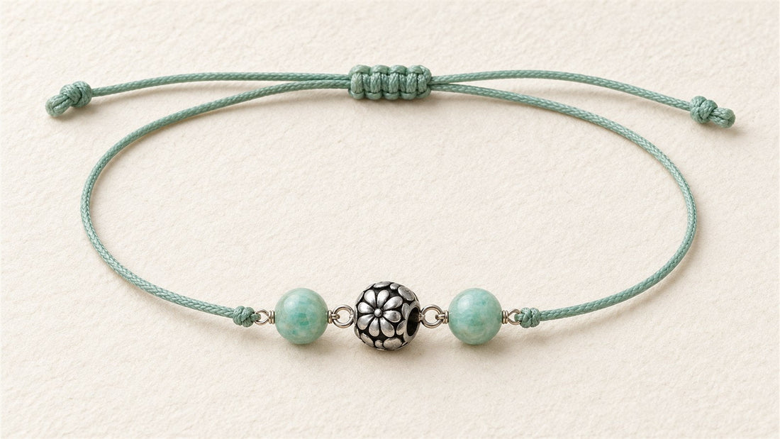 Bracelet de cheville fleur et duo de pierres : apprêt acier inoxydable fleurs et amazonite