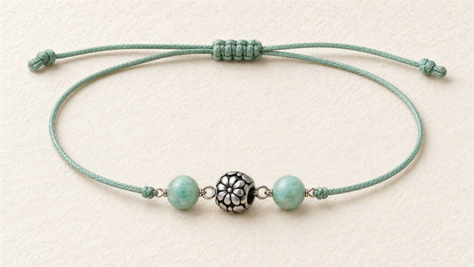 Bracelet de cheville fleur et duo de pierres : apprêt acier inoxydable fleurs et amazonite