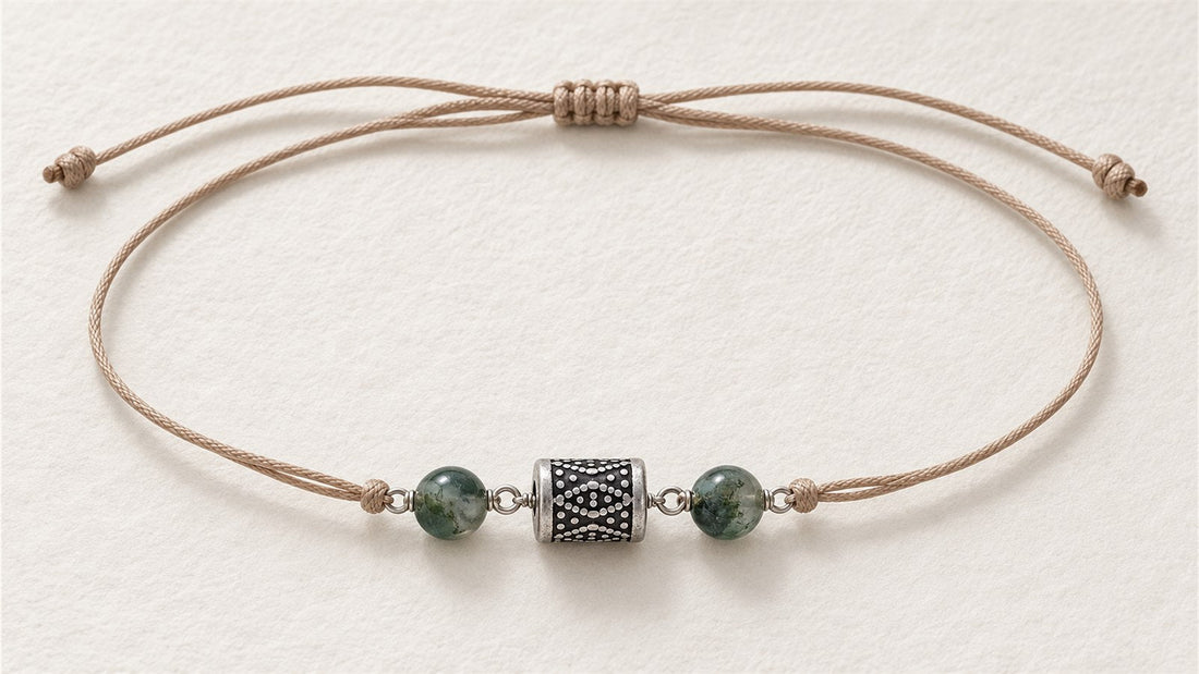 Bracelet de cheville géométrie sur cordon : apprêt acier inoxydable géométrique et agate mousse
