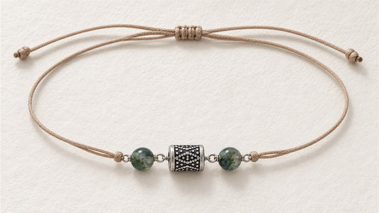 Bracelet de cheville géométrie sur cordon : apprêt acier inoxydable géométrique et agate mousse