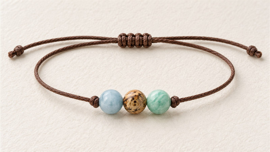 Bracelet trio sur cordon réglable : aigue-marine extra, jaspe paysage et amazonite
