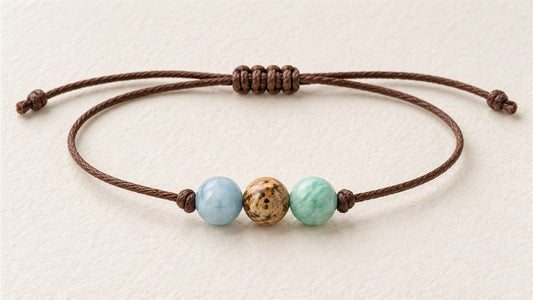 Bracelet trio sur cordon réglable : aigue-marine extra, jaspe paysage et amazonite
