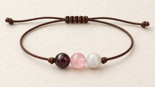 Bracelet trio sur cordon réglable : grenat, quartz rose et pierre de lune opaque