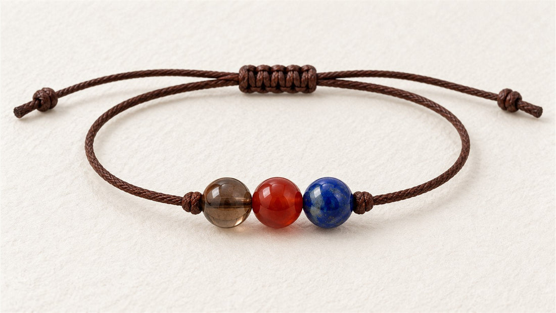 Bracelet trio sur cordon réglable : quartz fumé, cornaline et lapis-lazuli extra