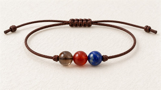 Bracelet trio sur cordon réglable : quartz fumé, cornaline et lapis-lazuli extra