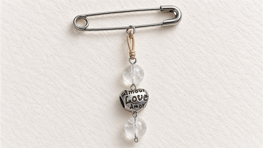 Broche message et broche : apprêt acier inoxydable amour love amor et cristal de roche