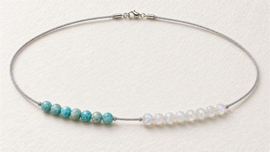 Collier nylon noué et perles espacées : amazonite facettée et pierre de lune blanche facettée