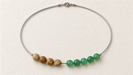 Collier nylon noué et perles espacées : jaspe paysage et aventurine verte