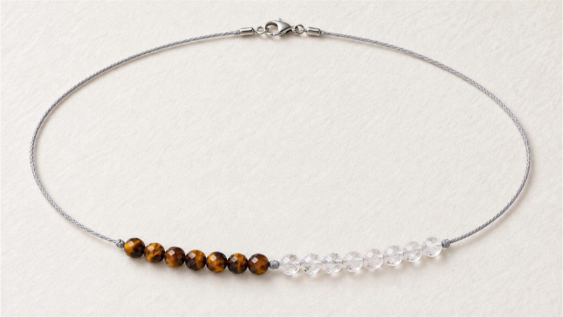Collier nylon noué et perles espacées : œil de tigre facetté et cristal de roche facetté