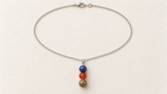 Collier pendentif sur chaîne fine : jaspe unakite, cornaline et lapis-lazuli extra