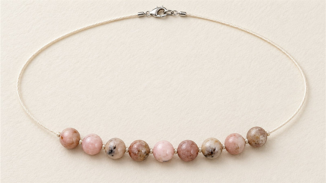 Collier soie nouée et ligne centrale : opale rose des andes