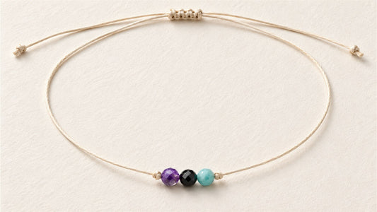 Collier trio sur cordon long : améthyste facettée, obsidienne noire facettée et amazonite facettée
