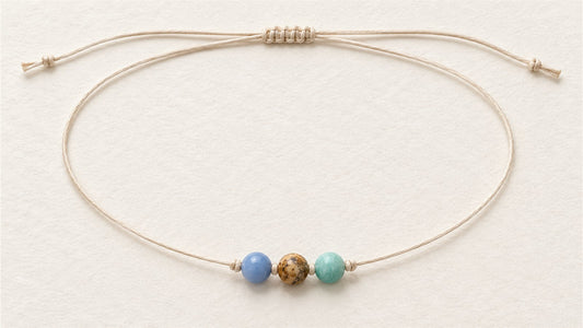Collier trio sur cordon long : angélite, jaspe paysage et amazonite
