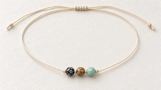 Collier trio sur cordon long : obsidienne flocon de neige, jaspe paysage et amazonite