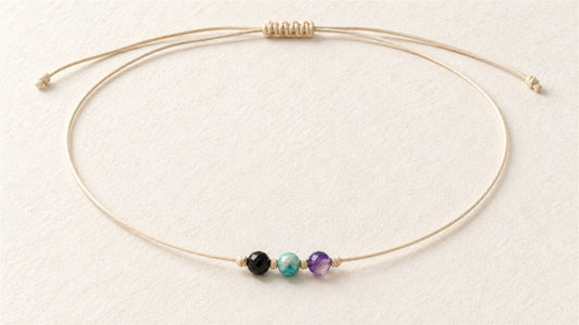 Collier trio sur cordon long : obsidienne noire facettée, amazonite facettée et améthyste facettée