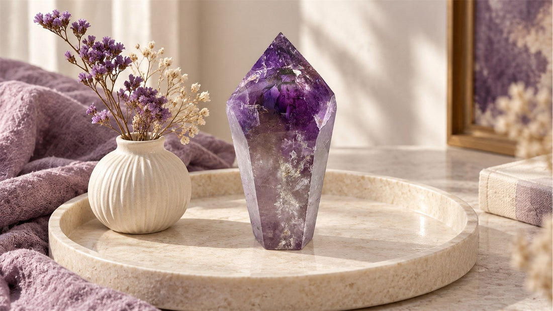 Composer un décor violet et crème autour d’une pièce d’améthyste