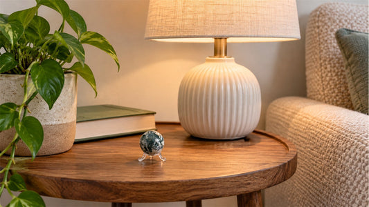 Décorer une table d’appoint avec une seule pièce minérale et une lampe