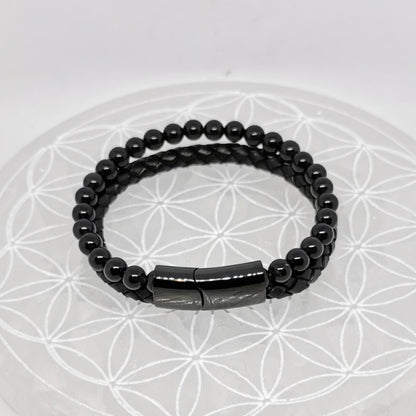 Bracelet Double Cuir - Obsidienne Noire