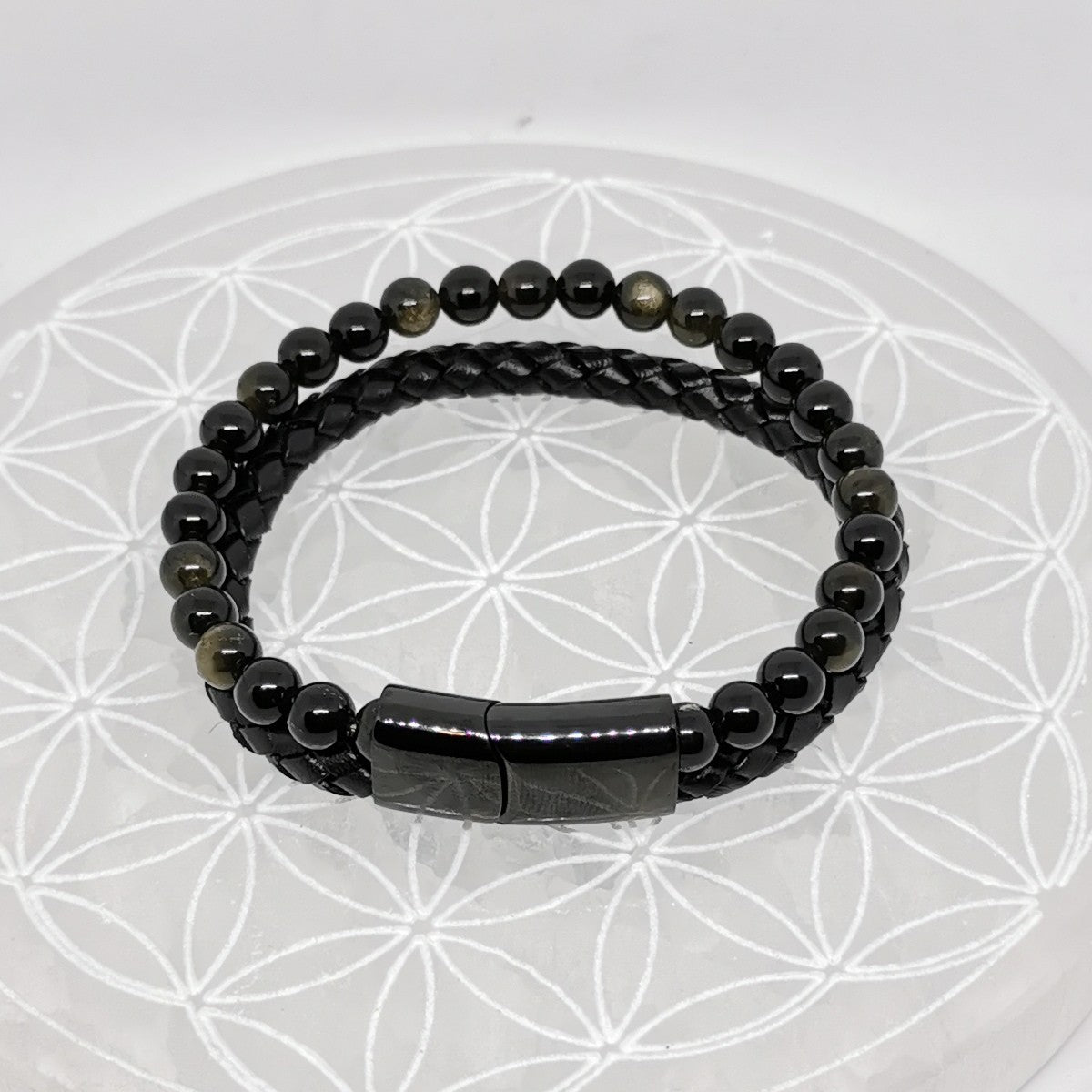 Bracelet Double Cuir - Obsidienne Dorée