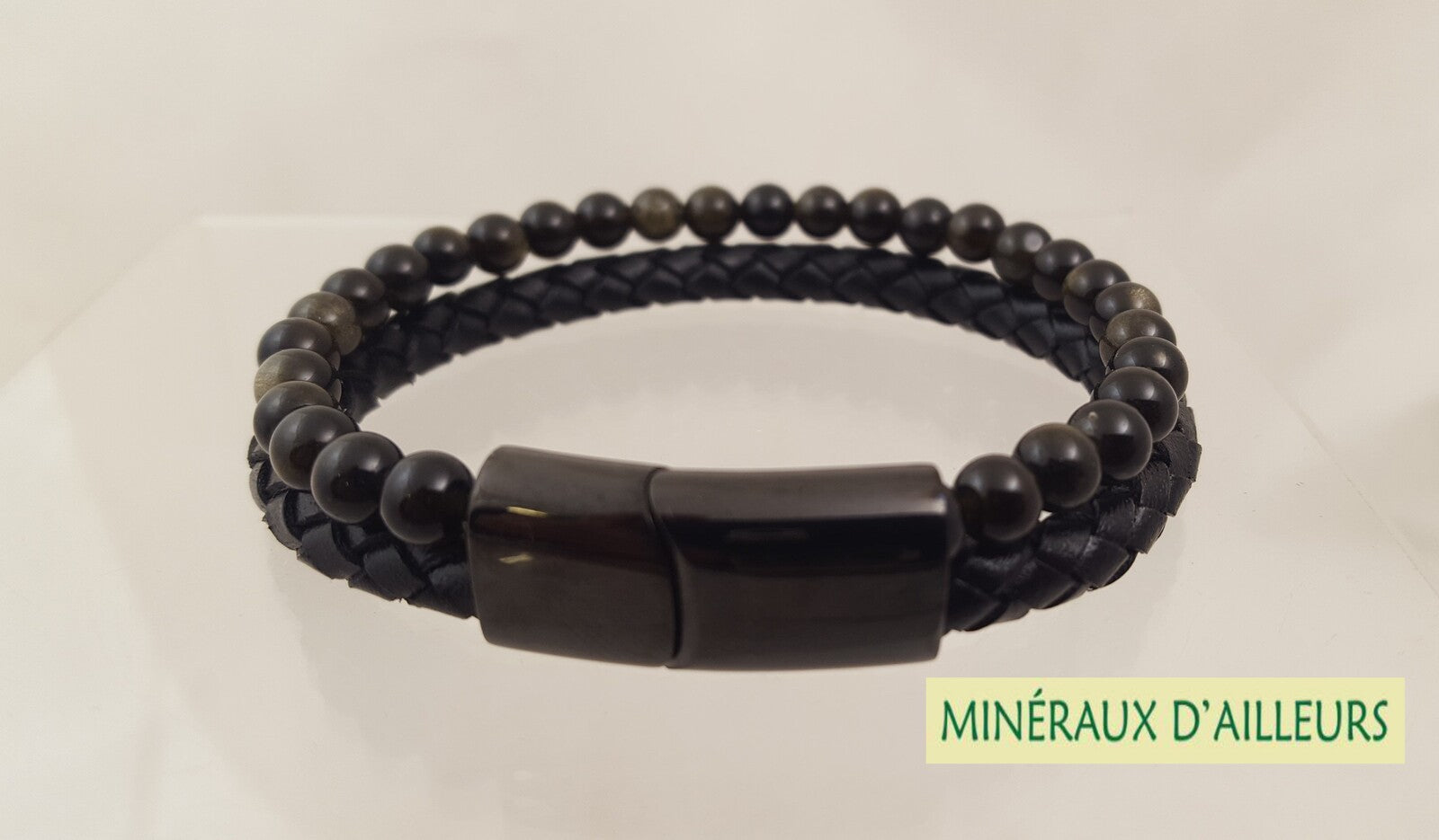 Bracelet Double Cuir - Obsidienne Dorée