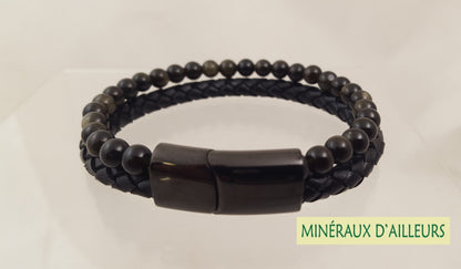 Bracelet Double Cuir - Obsidienne Dorée