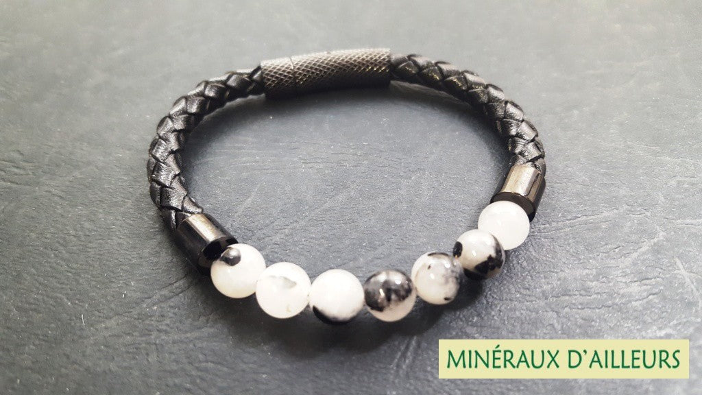 Bracelet Simple Cuir - Tourmaline Noire & Quartz