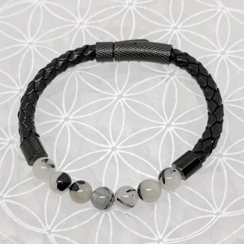 Bracelet Simple Cuir - Tourmaline Noire & Quartz