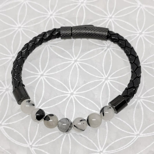 Bracelet Simple Cuir - Tourmaline Noire & Quartz