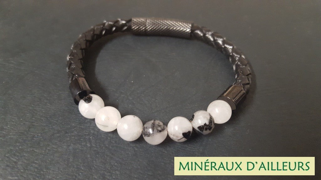 Bracelet Simple Cuir - Tourmaline Noire & Quartz