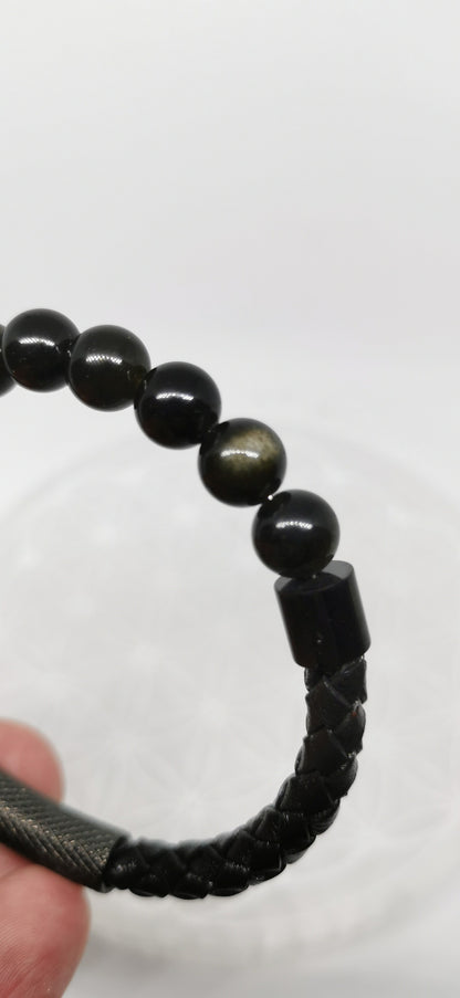 Bracelet Simple Cuir - Obsidienne Dorée
