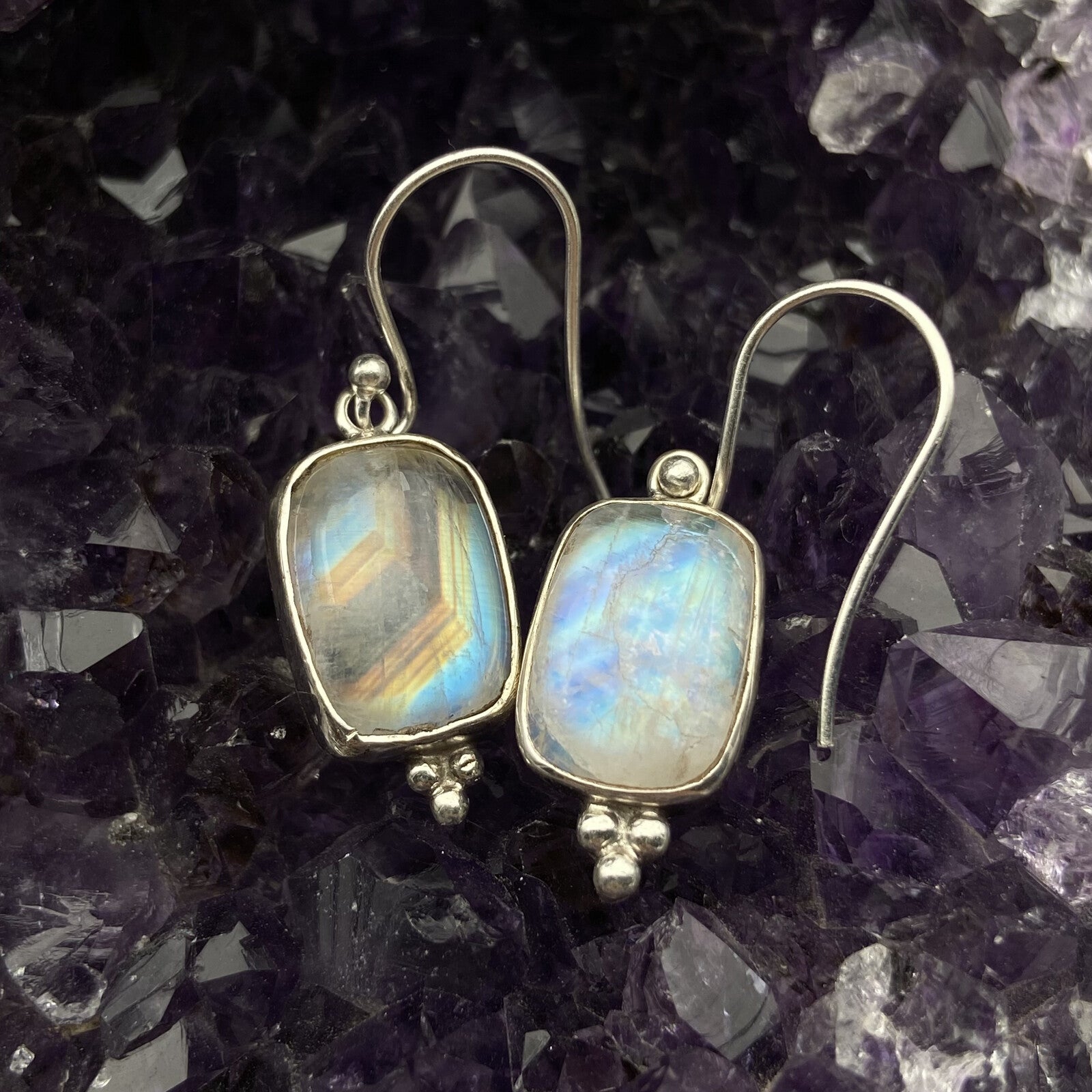 Boucles d'oreilles Argent - Labradorite Blanche rectangle